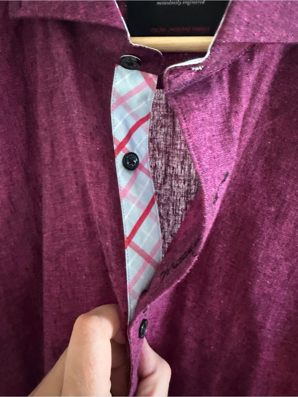 Maceoo Men's Purple Plaid Contrast Trim Linen Shirt XL - Picture 6 of 11